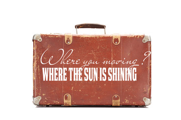 weathered brown vintage suitcase with where you moving question and where the sun is shining answer illustration isolated on white
