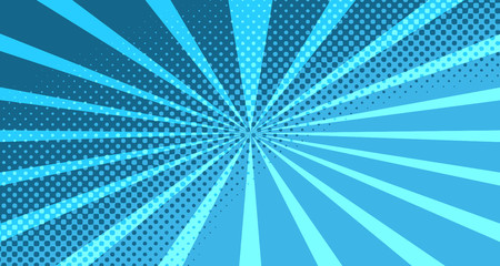 Vintage colorful comic book background. Blue blank bubbles of different shapes. Rays, radial, halftone, dotted effects. For sale banner for your designe 1960s. With copy space eps10.