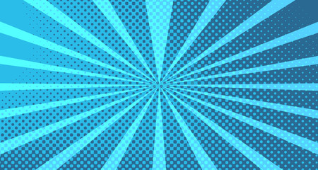 Vintage colorful comic book background. Blue blank bubbles of different shapes. Rays, radial, halftone, dotted effects. For sale banner for your designe 1960s. With copy space eps10.
