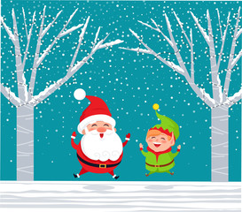 Christmas characters having fun in woods. Santa Claus and elf helper spending time in winter forest. Xmas personages jumping with joy. Snowfall and snowy ground. Vector in flat style illustration