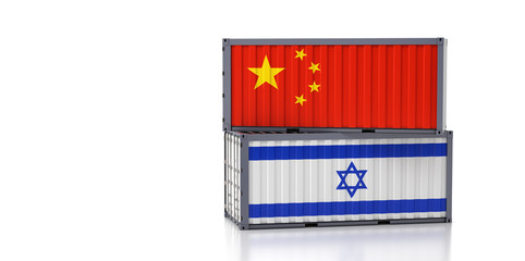 Two freight container with Israel and China national flag. 3d rendering 