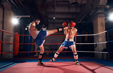 Two athlete kickboxers practicing kickboxing in the ring at the health club
