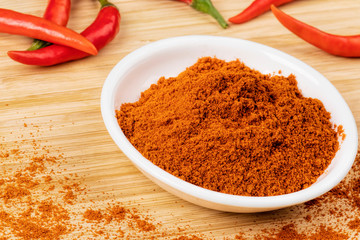 Bowl full of Chili Powder on a wooden background