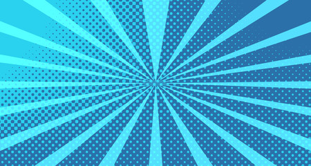 Obraz premium Vintage colorful comic book background. Blue blank bubbles of different shapes. Rays, radial, halftone, dotted effects. For sale banner for your designe 1960s. With copy space eps10.