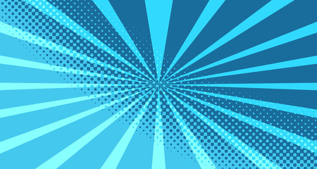 Vintage colorful comic book background. Blue blank bubbles of different shapes. Rays, radial, halftone, dotted effects. For sale banner for your designe 1960s. With copy space eps10.