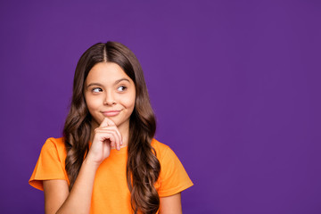 Close-up portrait of her she nice attractive charming lovely cute sly foxy cheerful wavy-haired girl creating brainy idea isolated over bright vivid shine vibrant lilac purple violet color background