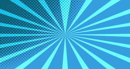 Vintage colorful comic book background. Blue blank bubbles of different shapes. Rays, radial, halftone, dotted effects. For sale banner for your designe 1960s. With copy space eps10.