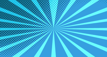 Vintage colorful comic book background. Blue blank bubbles of different shapes. Rays, radial, halftone, dotted effects. For sale banner for your designe 1960s. With copy space eps10.