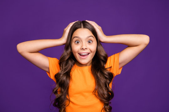 Close-up portrait of her she nice attractive charming lovely stunned cheerful wavy-haired girl wow great cool news isolated over bright vivid shine vibrant lilac purple violet color background