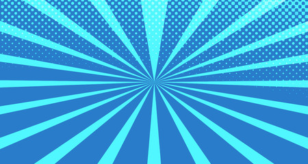 Vintage colorful comic book background. Blue blank bubbles of different shapes. Rays, radial, halftone, dotted effects. For sale banner for your designe 1960s. With copy space eps10.