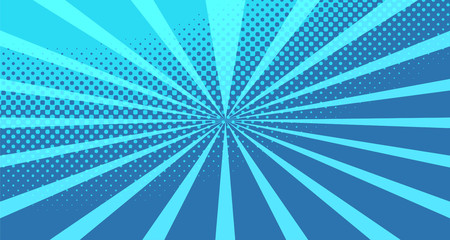 Vintage colorful comic book background. Blue blank bubbles of different shapes. Rays, radial, halftone, dotted effects. For sale banner for your designe 1960s. With copy space eps10.