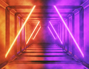 Futuristic Sci Fi Glowing red and violet neon lights. Alien Spaceship Tunnel abstract background. vibrant colors. interior with smoke. 3d rendering