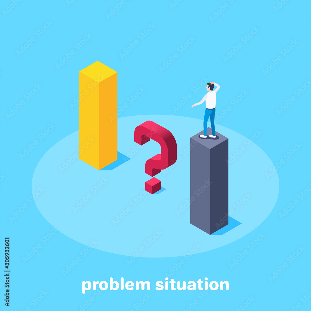 Aufkleber isometric vector image on a blue background, a man thoughtfully stands on a column of the chart and 