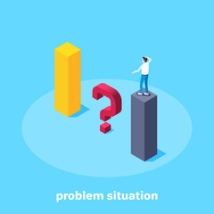 isometric vector image on a blue background, a man thoughtfully stands on a column of the chart and a question mark, problem situation