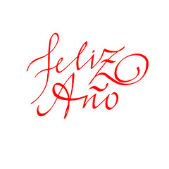 Happy new year hand-written text in Spanich language, words, typography, calligraphy, lettering. Vector red inscription on Christmas holiday. For banner, flyer, poster, greeting card