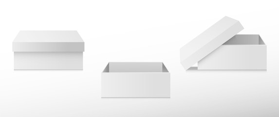 A set of open and closed boxes in different angles.