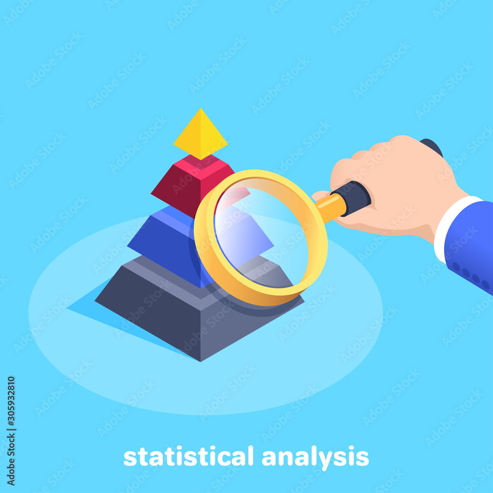 Poster isometric vector image on a blue background, a male hand holds a magnifying glass in front of a tria