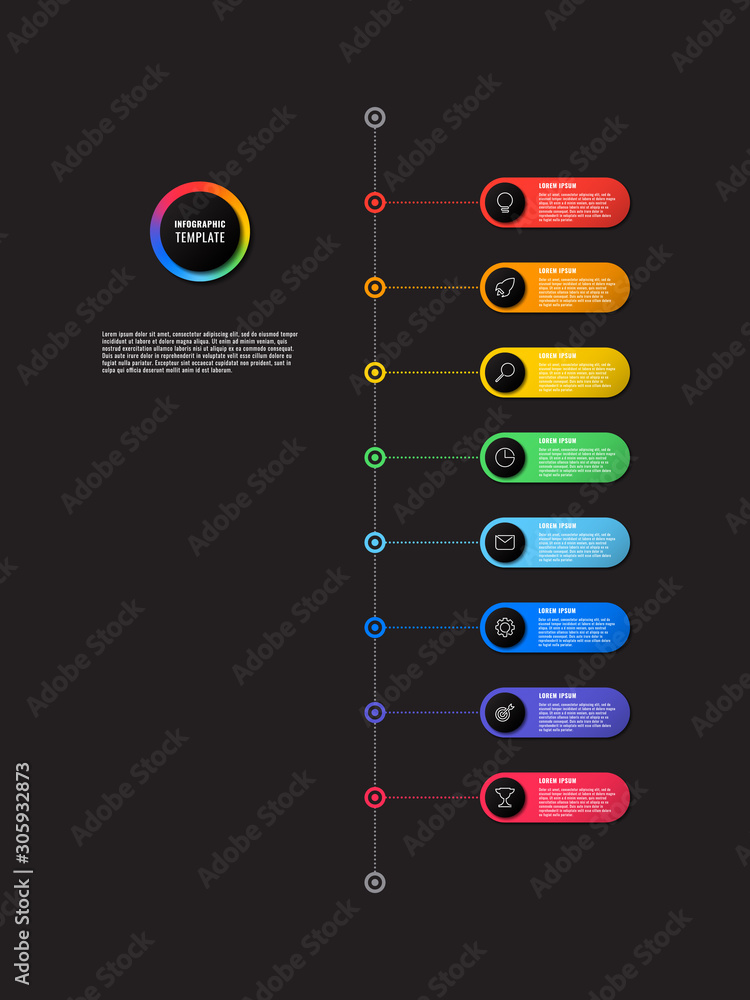 Aufkleber vertical timeline infographic with round elements on black background. modern business process visua