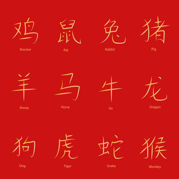 Hieroglyphs of oriental zodiac signs vector illustration