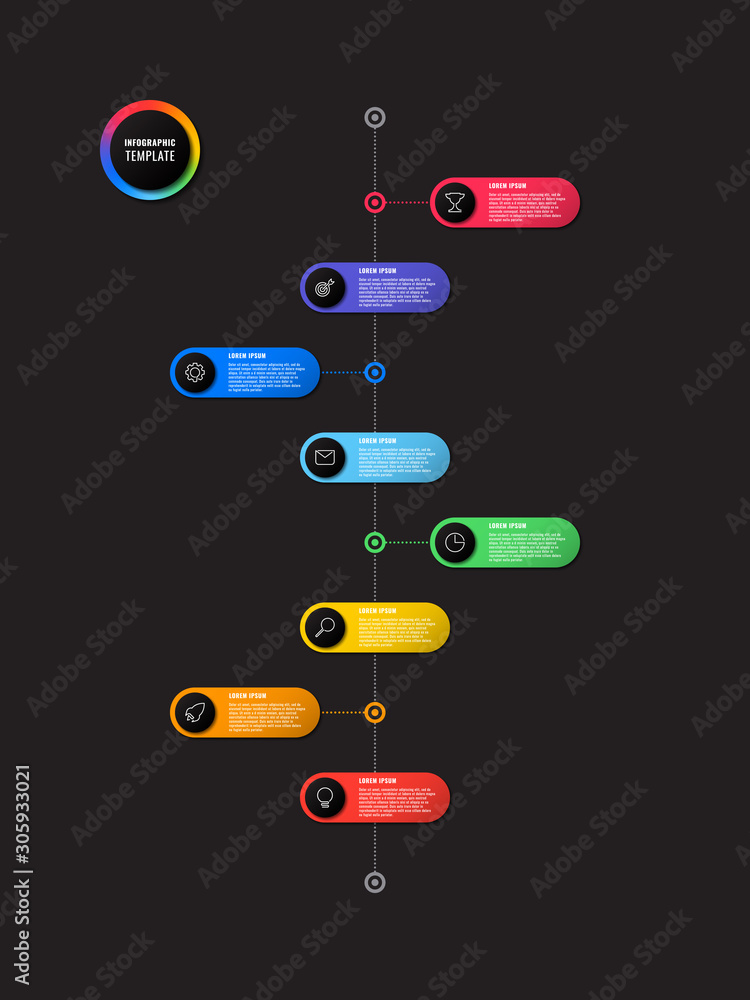 Aufkleber vertical timeline infographic with round elements on black background. modern business process visua