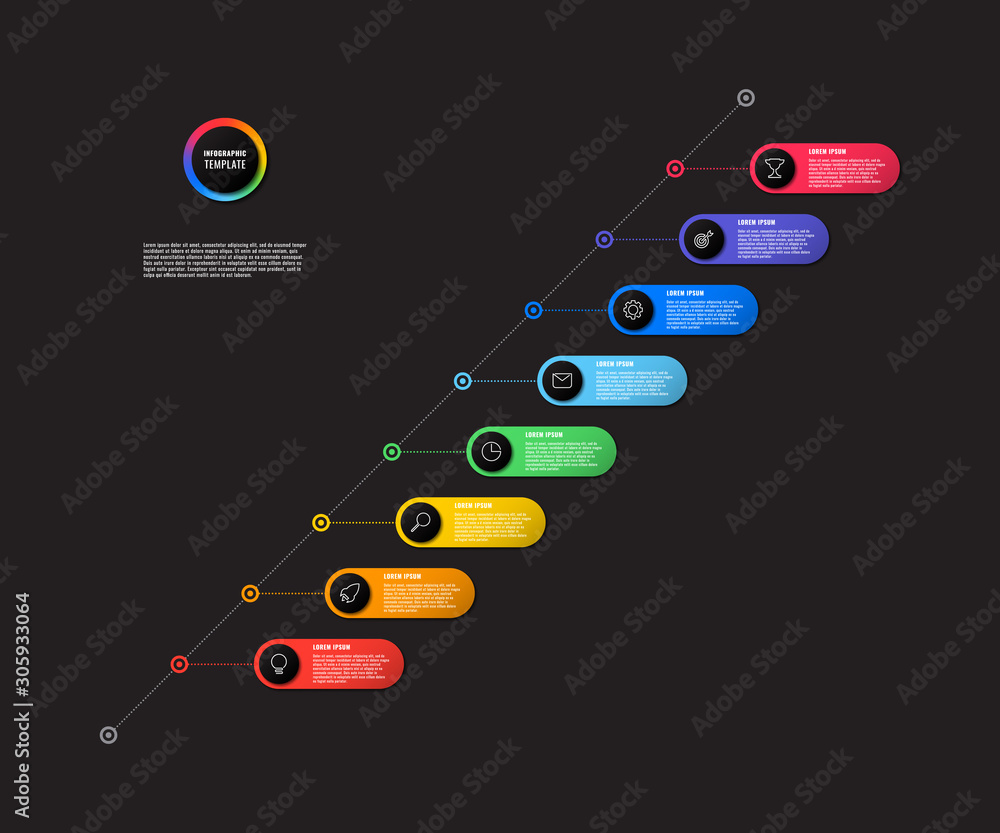 Aufkleber diagonal timeline infographic with round elements on black background. modern business process visua