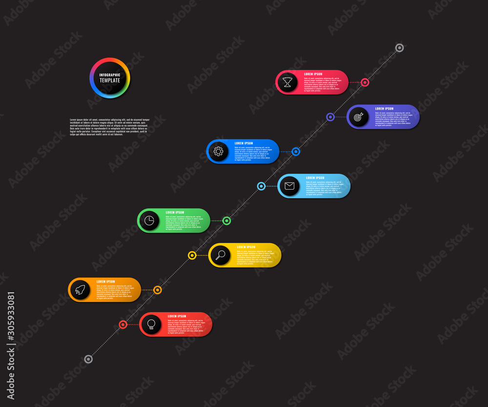 Aufkleber diagonal timeline infographic with round elements on black background. modern business process visua