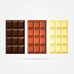 Delicious dark, milk, white chocolate. Cacao product in flat style. Vector illustration