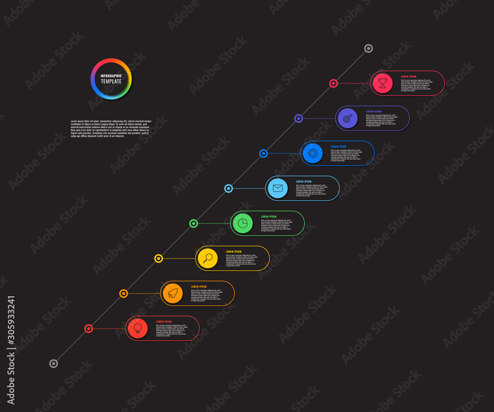 Aufkleber diagonal timeline infographic with round elements on black background. modern business process visua