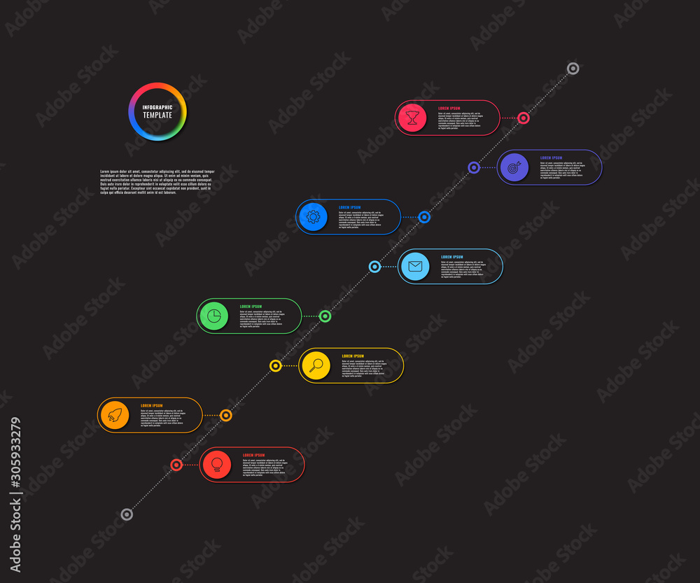Aufkleber diagonal timeline infographic with round elements on black background. modern business process visua