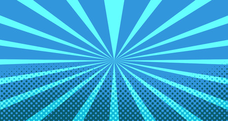 Vintage colorful comic book background. Blue blank bubbles of different shapes. Rays, radial, halftone, dotted effects. For sale banner for your designe 1960s. With copy space eps10.