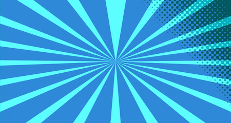 Vintage colorful comic book background. Blue blank bubbles of different shapes. Rays, radial, halftone, dotted effects. For sale banner for your designe 1960s. With copy space eps10.