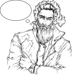 Vector hand drawn linear illustration: attractive, handsome sexy man Santa Claus wearing modern winter jacket and traditional holiday santa hat. Bubble for speech. Design for card, poster, invitation