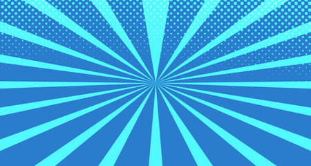 Vintage colorful comic book background. Blue blank bubbles of different shapes. Rays, radial, halftone, dotted effects. For sale banner for your designe 1960s. With copy space eps10.