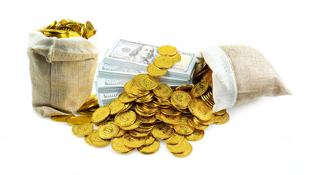 Stack Bundles Of 100 US Dollars Banknotes And Gold Coin In Treasure Sack On White Background