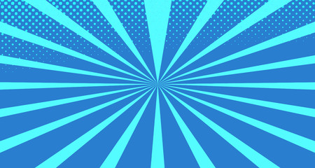 Vintage colorful comic book background. Blue blank bubbles of different shapes. Rays, radial, halftone, dotted effects. For sale banner for your designe 1960s. With copy space eps10.