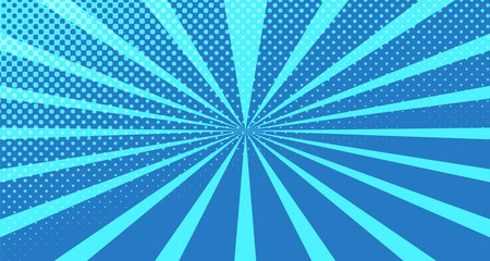 Vintage colorful comic book background. Blue blank bubbles of different shapes. Rays, radial, halftone, dotted effects. For sale banner for your designe 1960s. With copy space eps10.