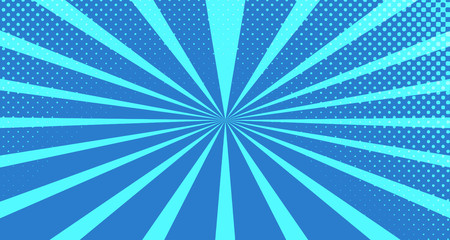 Vintage colorful comic book background. Blue blank bubbles of different shapes. Rays, radial, halftone, dotted effects. For sale banner for your designe 1960s. With copy space eps10.
