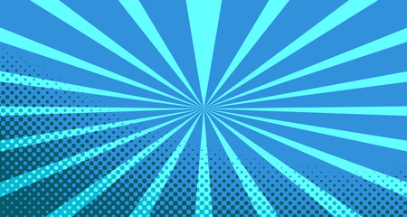 Vintage colorful comic book background. Blue blank bubbles of different shapes. Rays, radial, halftone, dotted effects. For sale banner for your designe 1960s. With copy space eps10.