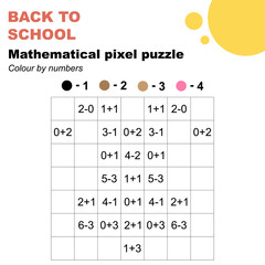 Colour by numbers. Mathematical pixel puzzle. Addition and subtraction easy worksheet, for children in preschool, elementary and middle school.