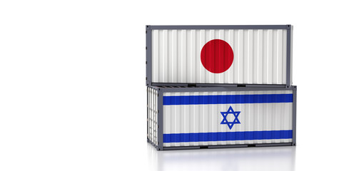 Two freight container with Israel and Japan national flag. 3d rendering 