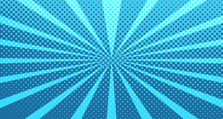 Vintage colorful comic book background. Blue blank bubbles of different shapes. Rays, radial, halftone, dotted effects. For sale banner for your designe 1960s. With copy space eps10.