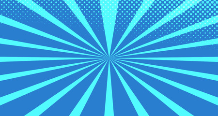 Vintage colorful comic book background. Blue blank bubbles of different shapes. Rays, radial, halftone, dotted effects. For sale banner for your designe 1960s. With copy space eps10.