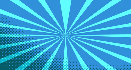 Vintage colorful comic book background. Blue blank bubbles of different shapes. Rays, radial, halftone, dotted effects. For sale banner for your designe 1960s. With copy space eps10.