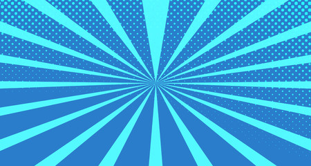 Vintage colorful comic book background. Blue blank bubbles of different shapes. Rays, radial, halftone, dotted effects. For sale banner for your designe 1960s. With copy space eps10.