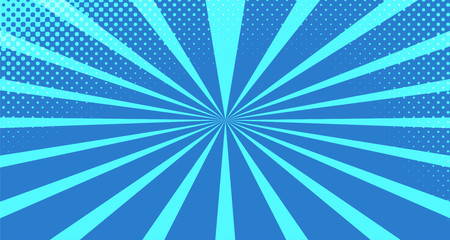 Obraz premium Vintage colorful comic book background. Blue blank bubbles of different shapes. Rays, radial, halftone, dotted effects. For sale banner for your designe 1960s. With copy space eps10.