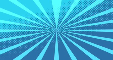Vintage colorful comic book background. Blue blank bubbles of different shapes. Rays, radial, halftone, dotted effects. For sale banner for your designe 1960s. With copy space eps10.