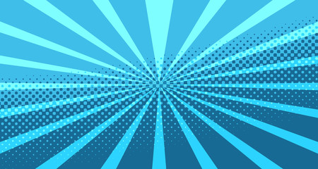 Vintage colorful comic book background. Blue blank bubbles of different shapes. Rays, radial, halftone, dotted effects. For sale banner for your designe 1960s. With copy space eps10.