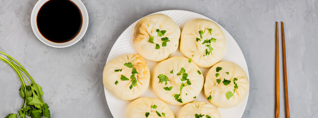 Close up of Chinese steamed dumplings on gray concrete background. Flat lay, top view, overhead, mockup, template. Asian food concept. Traditional food for Chinese New Year celebration