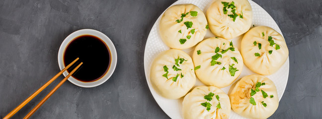 Close up of Chinese steamed dumplings on gray concrete background. Flat lay, top view, overhead, mockup, template. Asian food concept. Traditional food for Chinese New Year celebration