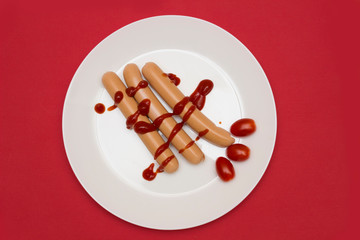 Three sausages on a white plate. Top view